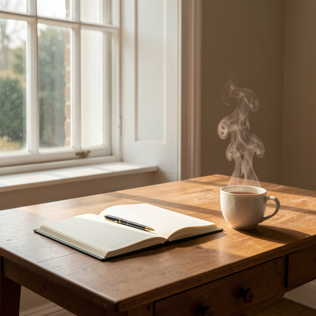 A calm workspace with a single open notebook and a cup of tea, daylight through a tall window, minimal clutter