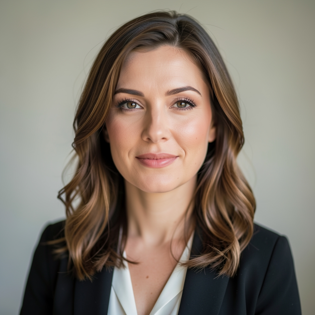 Editorial portrait of a woman in her thirties, natural window light, plain background, professional composure