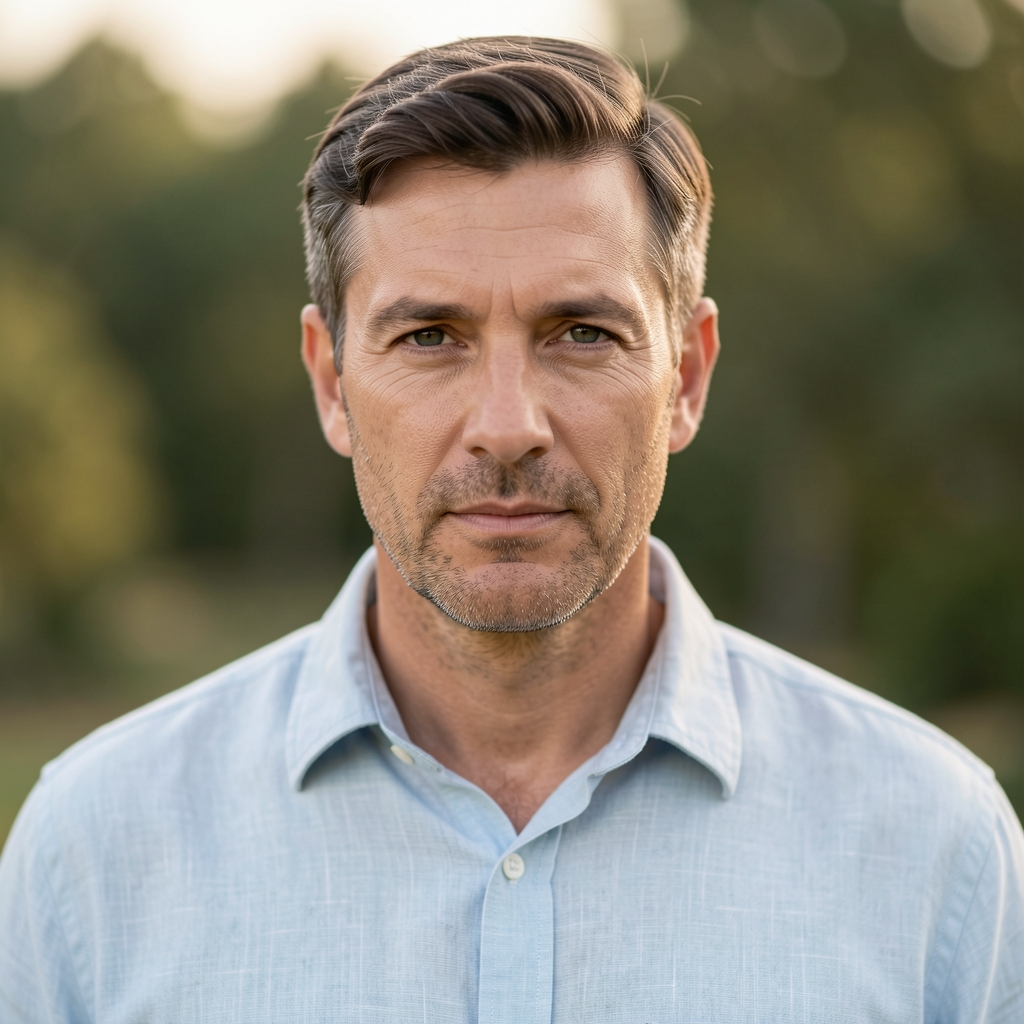Editorial portrait of a man in his forties, soft studio lighting, neutral expression, plain linen shirt