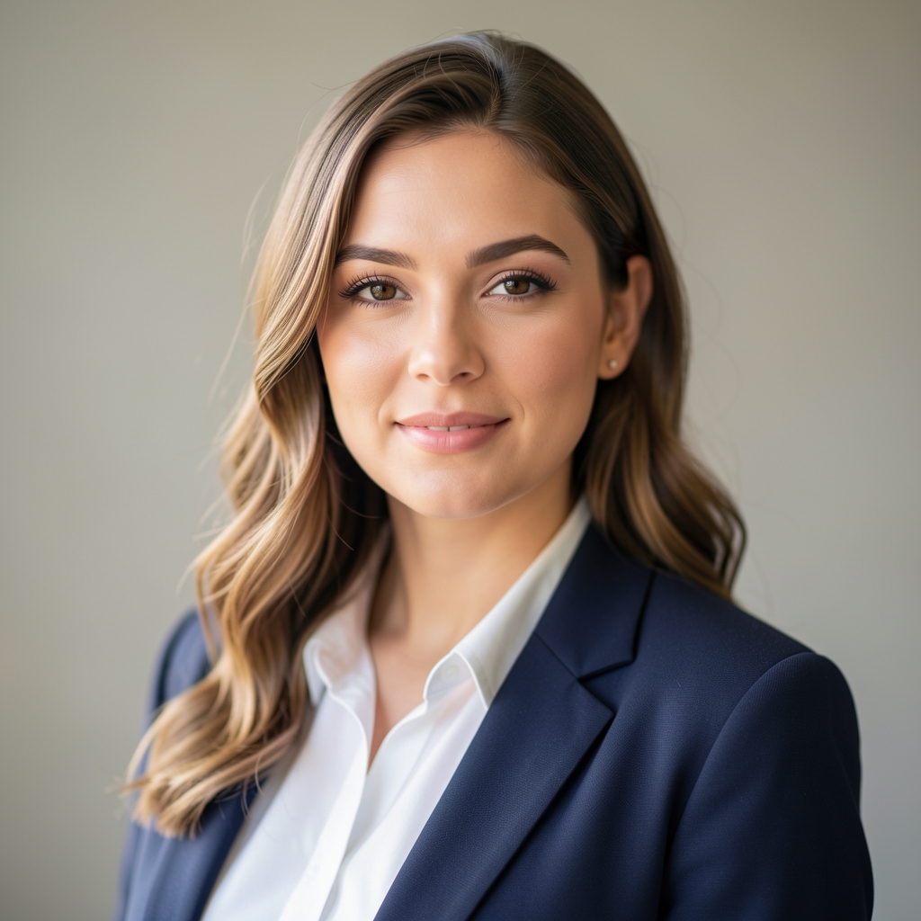 Editorial portrait of a woman in her twenties, soft daylight from left, relaxed professional expression, plain background