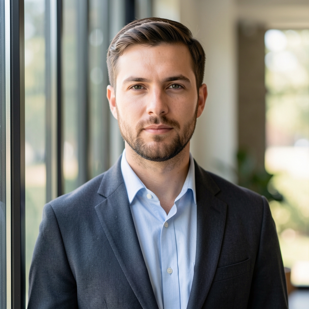 Editorial portrait of a man in his thirties, natural outdoor light, calm expression, standing near a window
