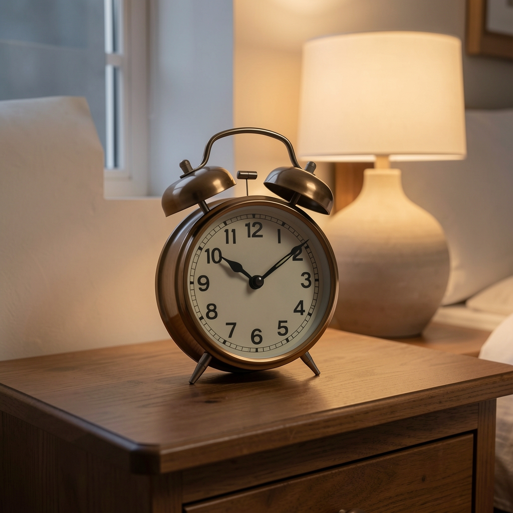 Close view of an analogue alarm clock on a wooden bedside table, warm low-key lamp light, early morning atmosphere
