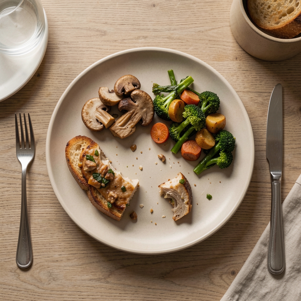 Overhead view of a half-eaten evening meal on a plain ceramic plate, natural side lighting, sparse table setting