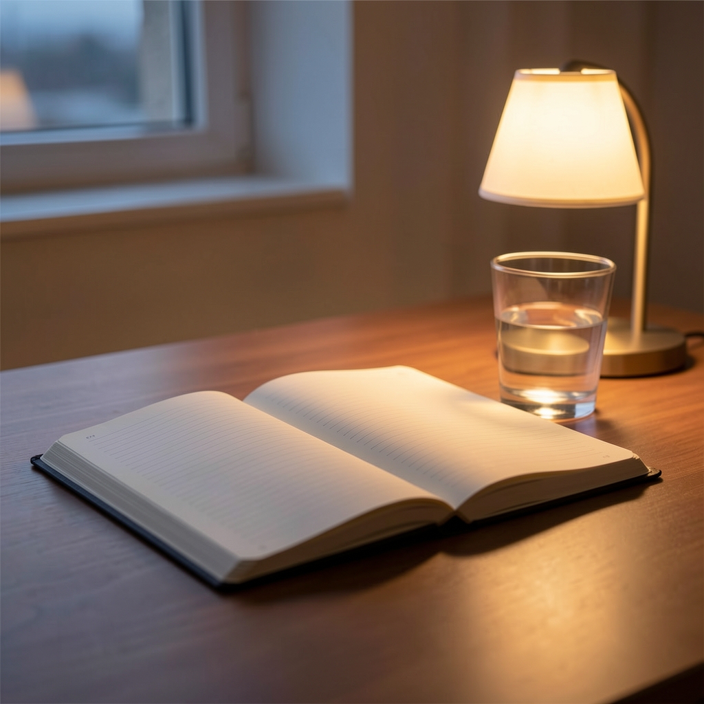 A notebook lying open on a desk beside a glass of water and a small lamp, evening quiet composition with soft warm light