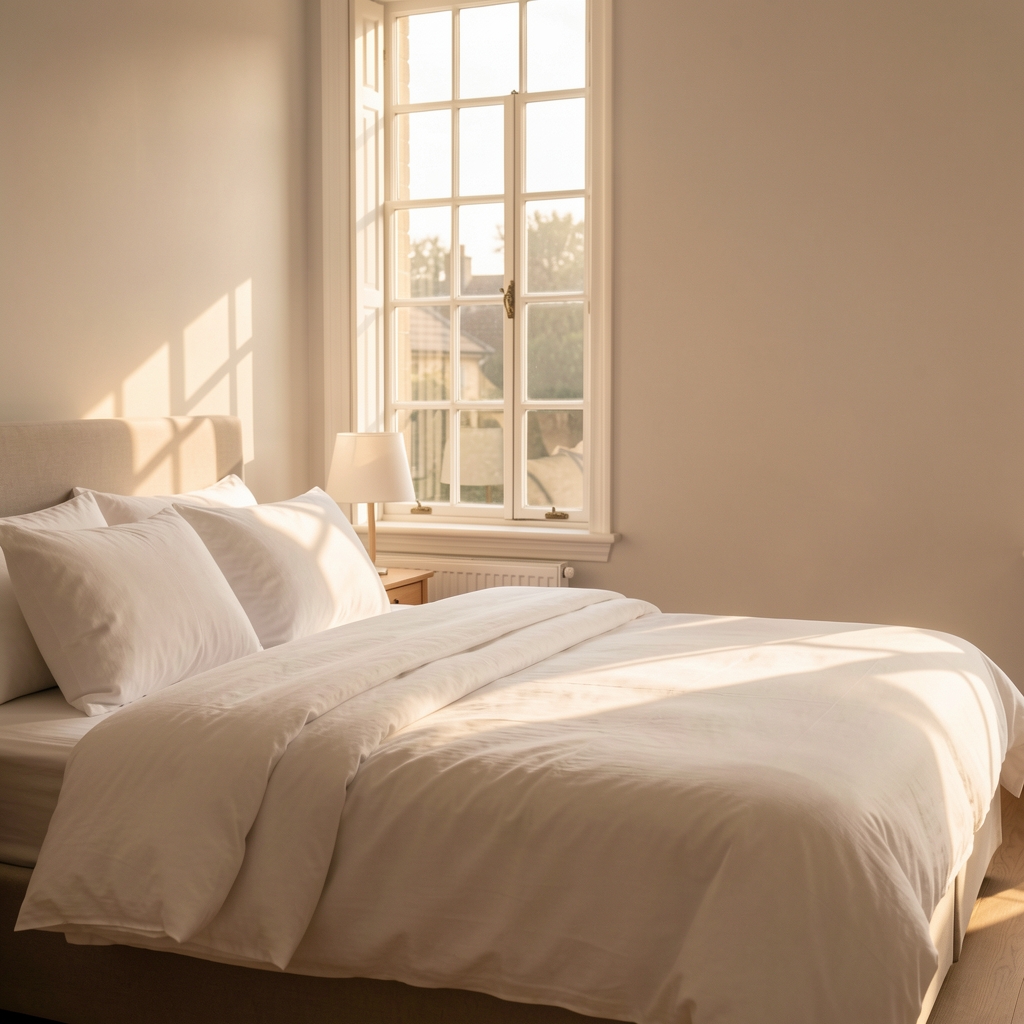 Softly lit bedroom at dawn, crisp white linen, morning light falling diagonally across the bed from a tall sash window